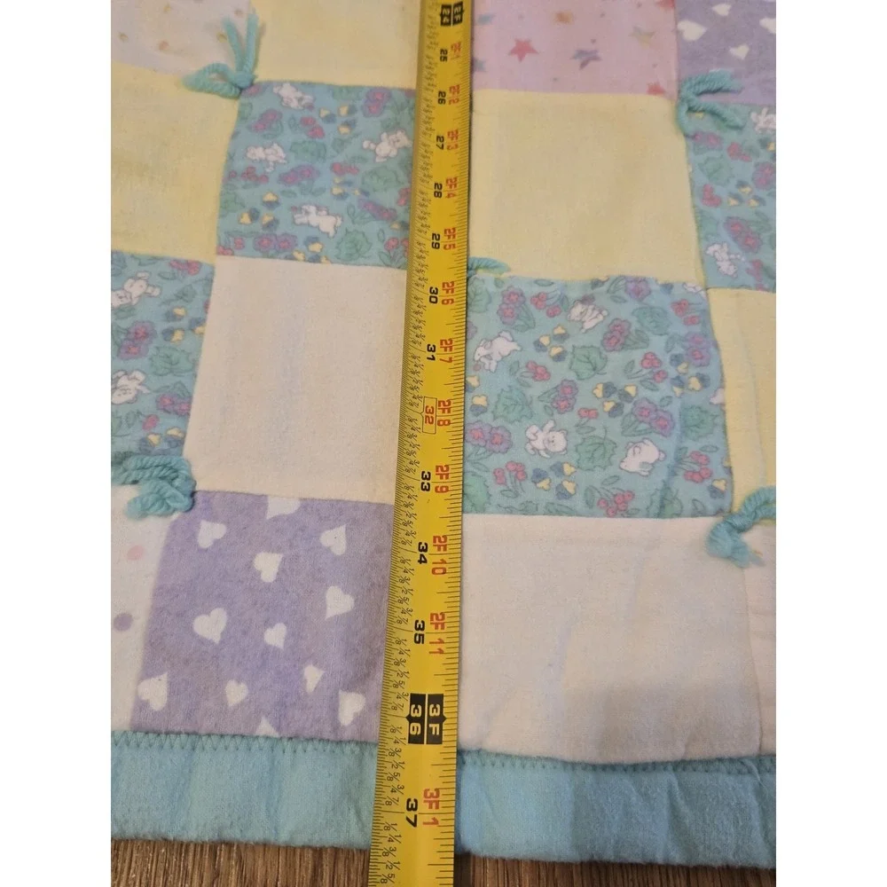 Vintage Handmade Baby Quilt Pastel Patchwork Bunny Hearts Tie Quilt Blanket